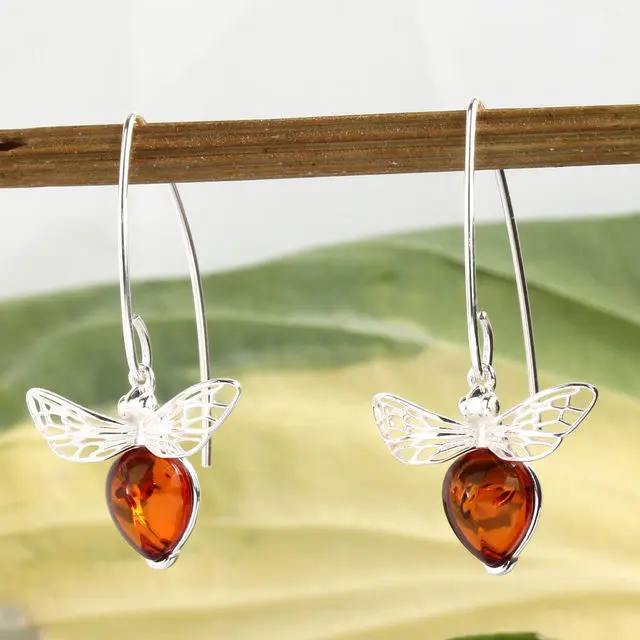 Honey Bee Baltic Amber Drop Earrings