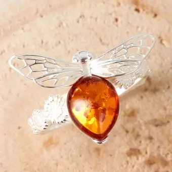 Honey Bee Sterling Silver Ring Set With Baltic Amber  Honey Bee Sterling Silver Ring Set With Baltic Amber