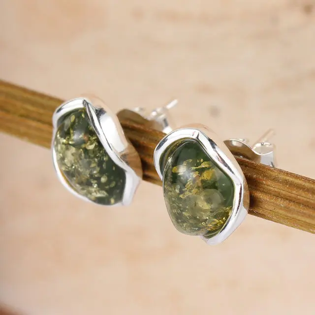 Green Baltic Amber Wavy Edge Sterling Silver Earrings