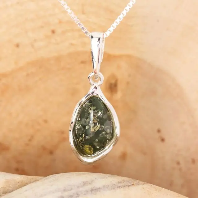 Green Baltic Amber Sterling Silver Wavy Pendant