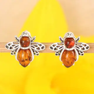 Honey Baltic Amber Bee Sterling Silver Stud Earrings