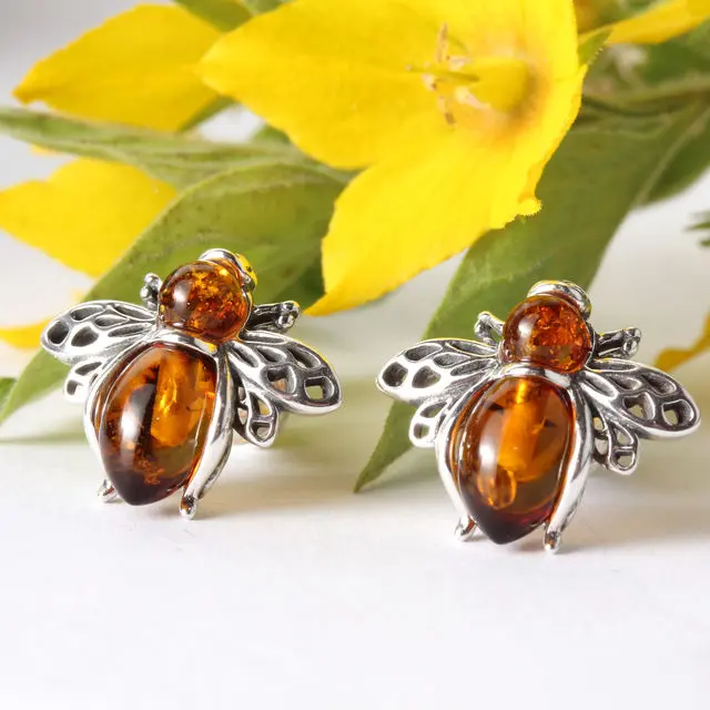 Baltic Amber Honey Bee Stud Earrings
