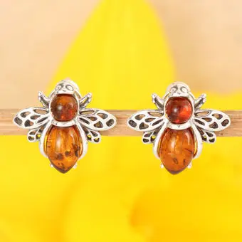 Honey Bee Baltic Amber Stud Earrings Sterling Silver