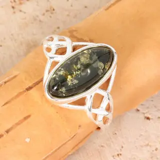 Celtic Design Green Baltic Amber Sterling Silver Ring