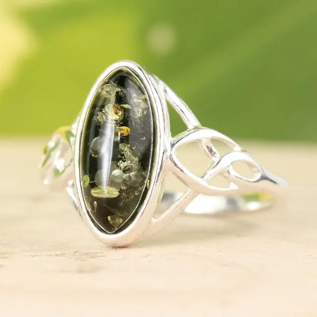 Celtic Green Baltic Amber Sterling Silver Ring