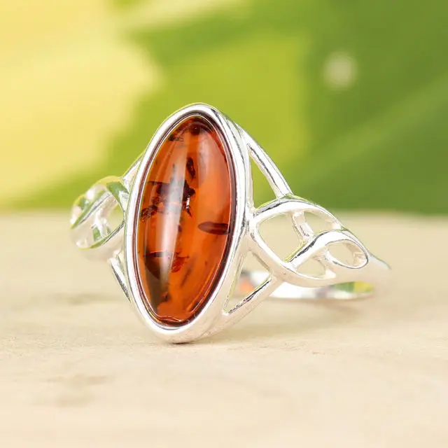 Honey Celtic Baltic Amber Sterling Silver Ring