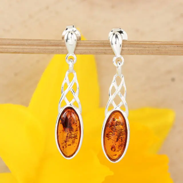 Honey Baltic Amber Celtic Sterling Silver Drop Earrings