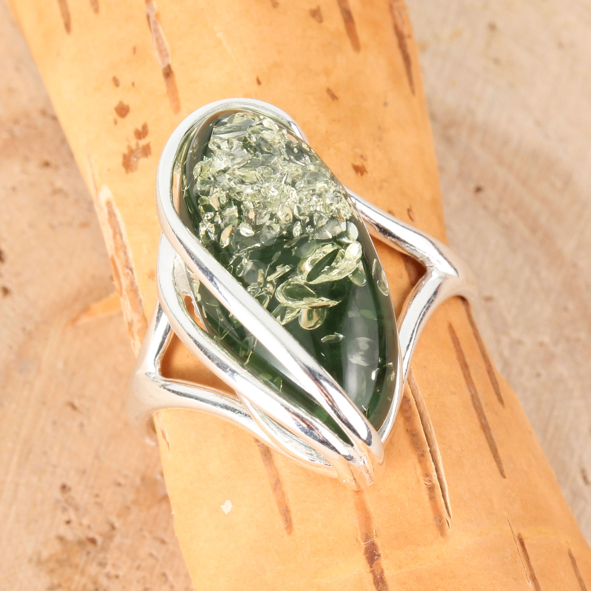 Sterling Silver & Baltic Green Amber Ring 'Dana' - Handcrafted Natural Amber Ring, One Of A Kind - View #7