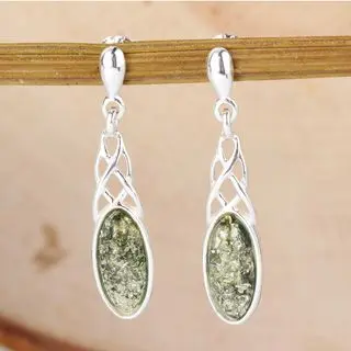 Sterling Silver Green Baltic Amber Drop Earrings