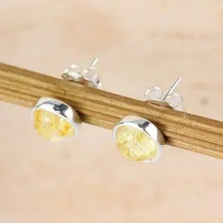 Round Sterling Silver Lemon Baltic Amber Stud Earrings