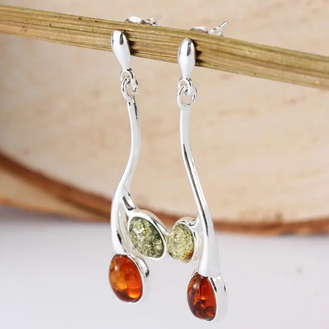 Green and Honey Baltic Amber Long Drop Earrings