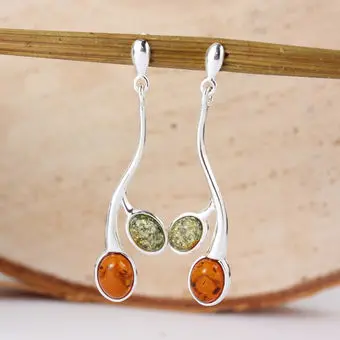 Long Honey and Green Baltic Amber Sterling Silver Drop Earrings Long Honey and Green Baltic Amber Sterling Silver Drop Earrings