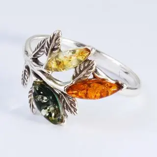 Honey, Lemon and Green Baltic Amber Leaves Ring