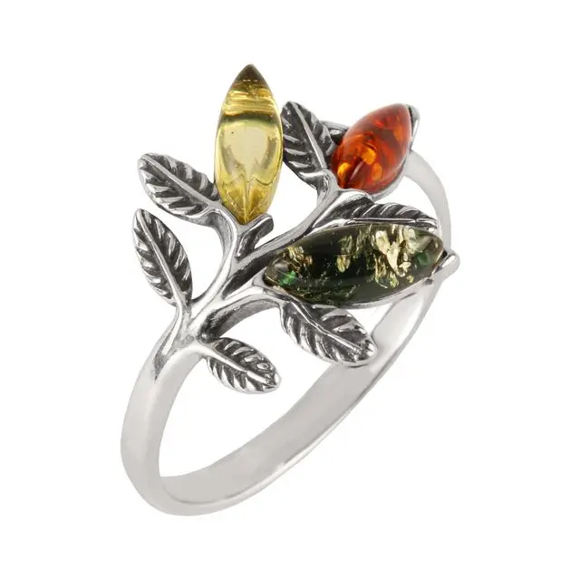 Multicoloured Baltic Amber Sterling Silver Leaf Ring