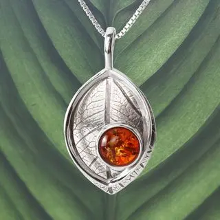 Sterling Silver Baltic Amber Leaf Pendant