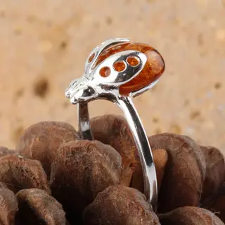 Sterling Silver Ladybird Ring Baltic Amber