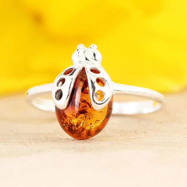 Honey Baltic Amber Ladybird Sterling Silver Ring