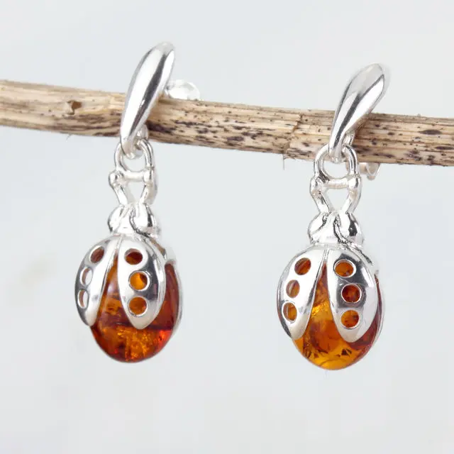 Sterling Silver Ladybird Baltic Amber Earrings