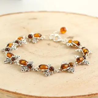 Ten Sterling Silver Baltic Amber Bees Bracelet