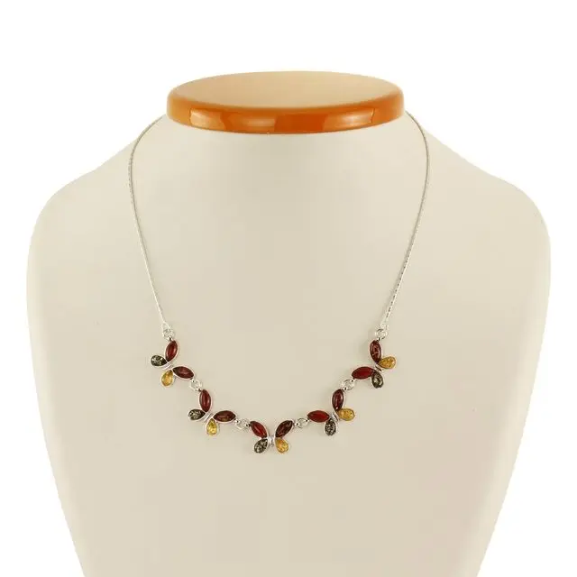 Multicoloured Baltic Amber Sterling Silver Butterfly Necklace