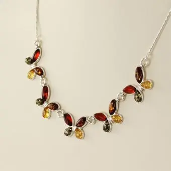 Butterflies Multicoloured Sterling Silver Baltic Amber Necklace