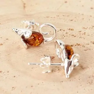 Honey Baltic Amber Mice Silver Stud earrings