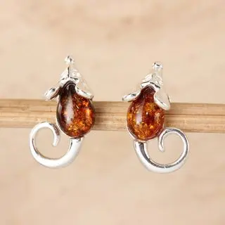 Sterling Silver Mice Baltic Amber Earrings