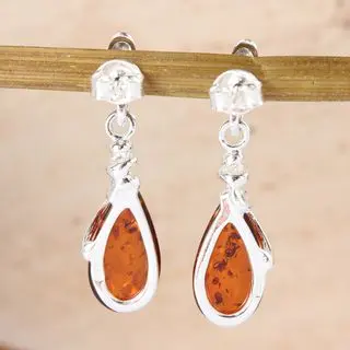 Sterling Silver Honey Baltic Amber Spiral Drop Earrings