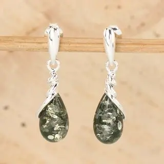 Sterling Silver Green Baltic Amber Drop Earrings