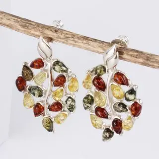 Sterling Silver Leaf Baltic Amber Drop Earrings