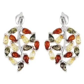 Multicoloured Baltic Amber Sterling Silver Leaf Earrings Multicoloured Baltic Amber Sterling Silver Leaf Earrings