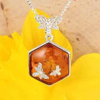 Honeycomb Baltic Amber Triple Bee Sterling Silver Pendant Honeycomb Baltic Amber Triple Bee Sterling Silver Pendant