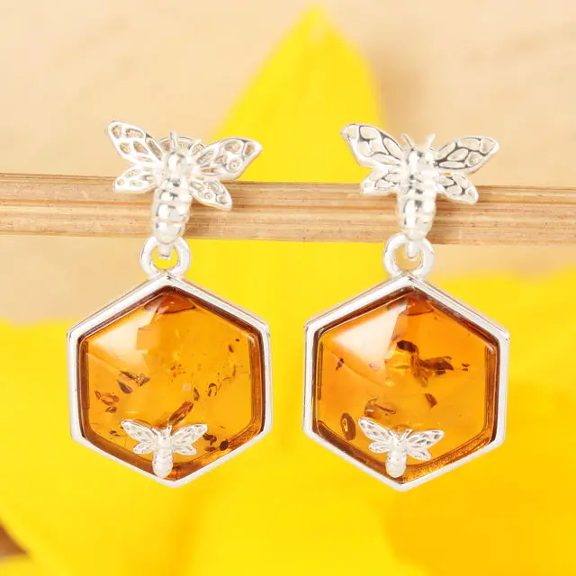 Honey Baltic Amber Bee Sterling Silver Drop Earrings