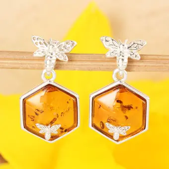 Honeycomb Baltic Amber Double Bee Sterling Silver Earrings Honeycomb Baltic Amber Double Bee Sterling Silver Earrings