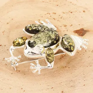 Large Green Baltic Amber Sterling Silver Frog Brooch