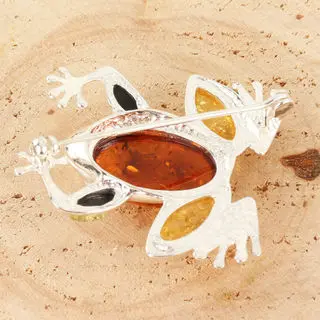 Amber Frog Sterling Silver Brooch