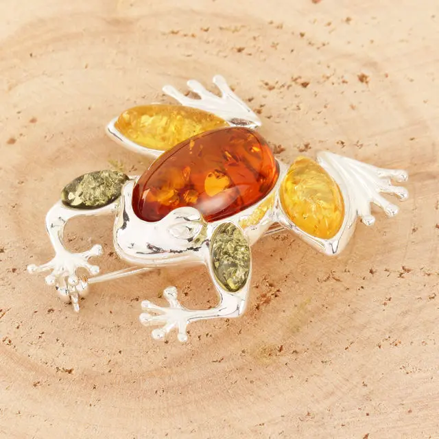 Multicoloured Baltic Amber Frog Sterling Silver Brooch