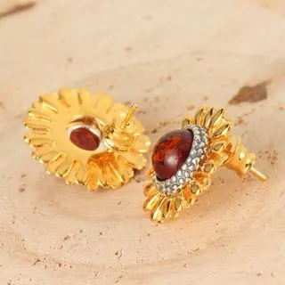 Baltic Amber Gold Plated Sunflower Sterling Silver Earrings
