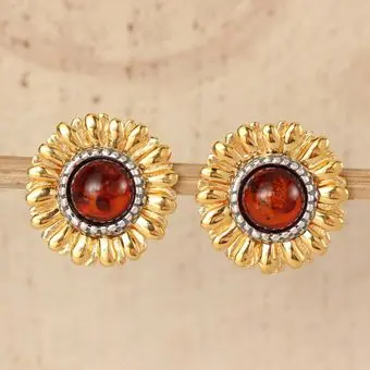 Gold Plated Sterling Silver Baltic Amber Sunflower Earrings Gold Plated Sterling Silver Baltic Amber Sunflower Earrings