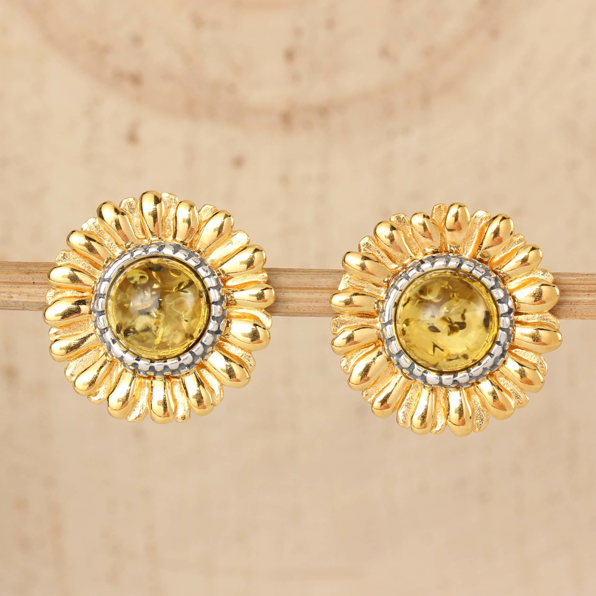 Lemon Baltic Amber Sunflower Sterling Silver Gold Plated Stud Earrings