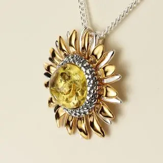 Gold Plated Silver Sunflower Lemon Baltic Amber Pendant 