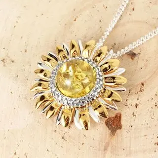 Sterling Silver Lemon Baltic Amber Sunflower Pendant