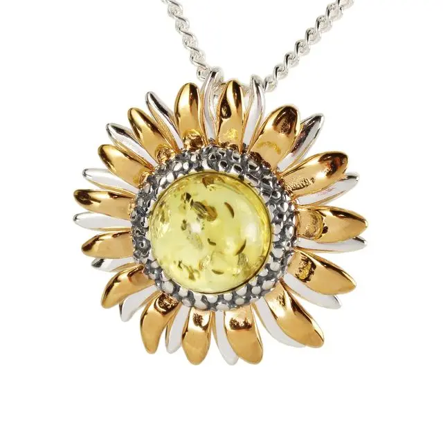 Gold Plated Sterling Silver Lemon Baltic Amber Sunflower Pendant