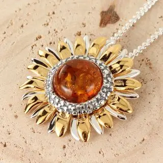 Gold Plated Sterling Silver Baltic Amber Sunflower Pendant