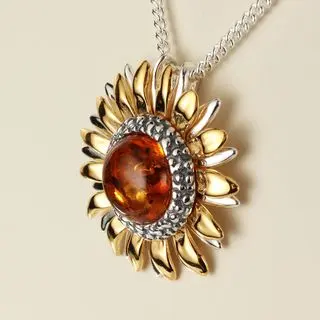 Honey Baltic Amber Sterling Silver Sunflower Pendant 