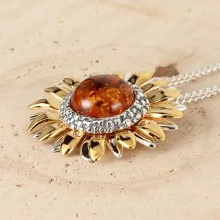 Honey Baltic Amber Sunflower Gold Plated Sterling Silver Pendant