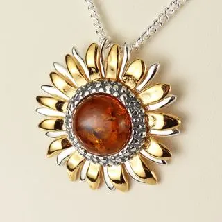 Sterling Silver Sunflower Baltic Amber Pendant