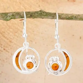 Honey Baltic Amber Sterling Silver Owl and Moon Drop Earrings