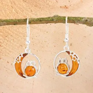 Sterling Silver Owl Baltic Amber Drop Earrings