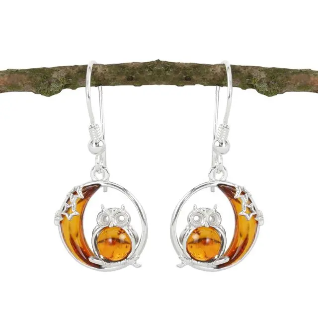 Honey Baltic Amber Owl and Moon Sterling Silver Earrings